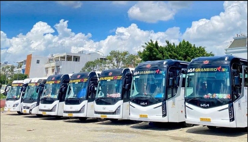 Đoàn xe khách giường nằm của xã viên HTX Đại Việt xếp hàng tại bãi xe, tháng 10/2024